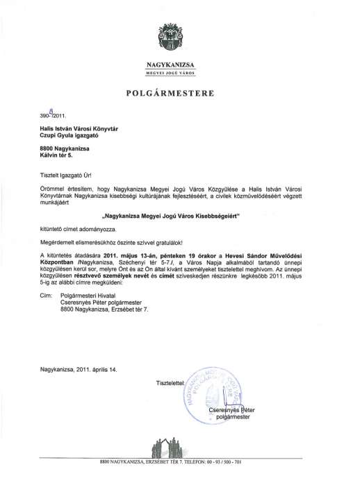 Cím adományozása - Nagykanizsa Megyei Jogú Város Kisebbségeiért.jpg Cím adományozása - Nagykanizsa Megyei Jogú Város Kisebbségeiért.jpg